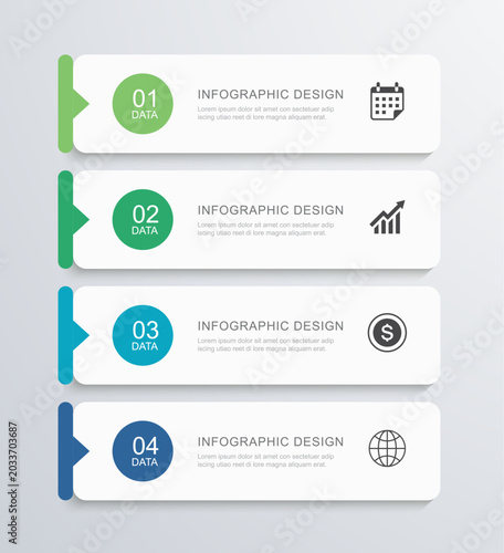Business step infographic template with four horizontal data banners options.