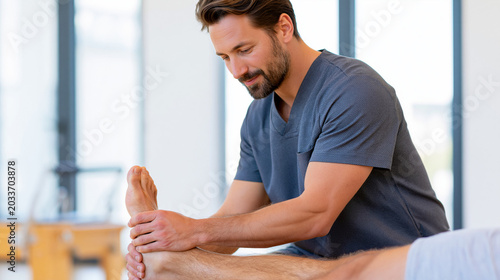 Physiotherapist examining ankle of male patient. Professional male therapist doing foot physical therapy session in clinic. Healthcare treatment, rehabilitation, recovery and health concept.