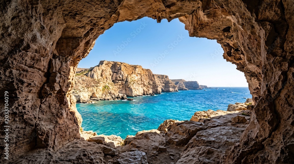Fototapeta premium View from cave opening of turquoise sea and rocky cliffs.