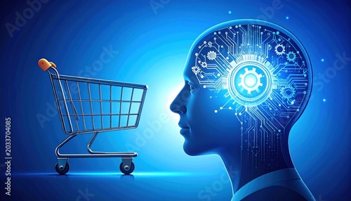 Human head with a digital brain and circuit patterns, gear, and a shopping cart.
