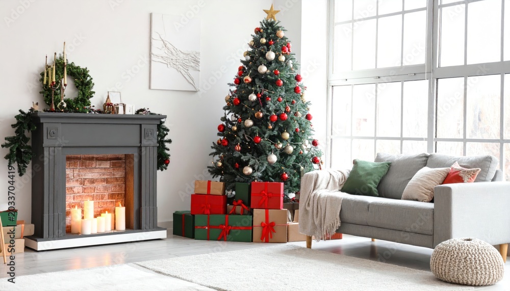 Fototapeta premium Interior of festive living room with gift boxes under Christmas tree