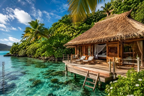 Luxury Tropical Resort Hut Standing Above Clear Turquoise Lagoon Waters