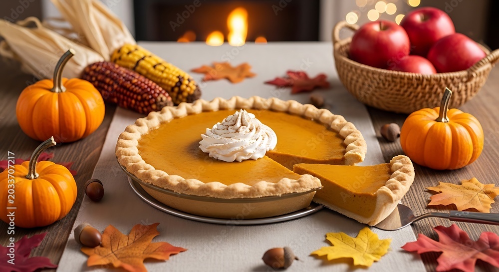 Fototapeta premium Pumpkin pie with whipped cream on top and autumn leaves on wooden table