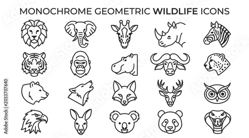 Photography Monochrome geometric wildlife icons set.