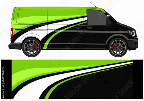 Green and black curved van wrap graphic design.