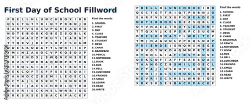 Educational word search puzzle for first day of school activities  