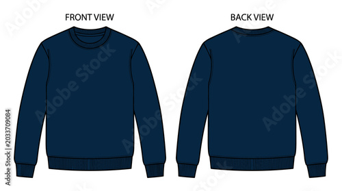 Crewneck Sweatshirt technical fashion flat sketch vector illustration Navy Blue Color template front and back views. Fleece jersey sweatshirt sweater jumper for men's and boys