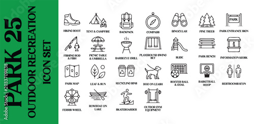 A comprehensive set of twenty-five minimalist line icons depicting park activities and outdoor recreation elements.