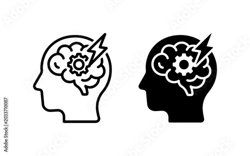 Brainstorming concept, mental overload, and creative thinking icons. Set of two black and white vector illustrations representing cognitive processes and ideas.