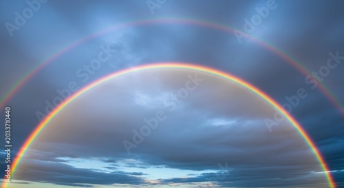 Double rainbow over ocean waves.