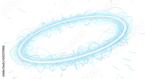 Glowing light blue circular energy ring with oscillating wave patterns and radiating streaks on a solid black background