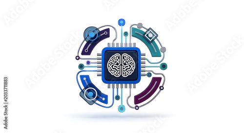 Illustration of a central processing unit with a brain inside surrounded by colorful elements ai generated