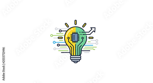 A light bulb split yellow and green with a circuit board inside and lines emanating from it on white ai generated
