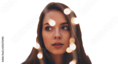 Portrait of a young woman with long brown hair, framed by glowing golden bokeh fairy lights against a solid black background