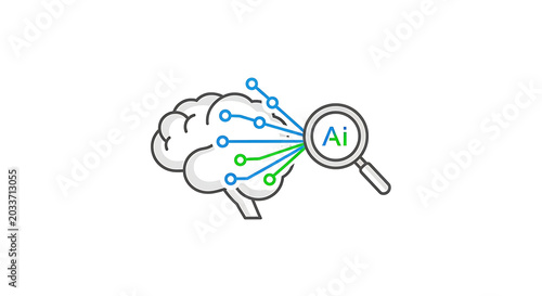 Illustration of a brain connected to ai through lines and a magnifying glass on a white background ai generated