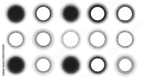 Set of fifteen circular frames made of white halftone dots, geometric patterns, and radial lines isolated on a black background