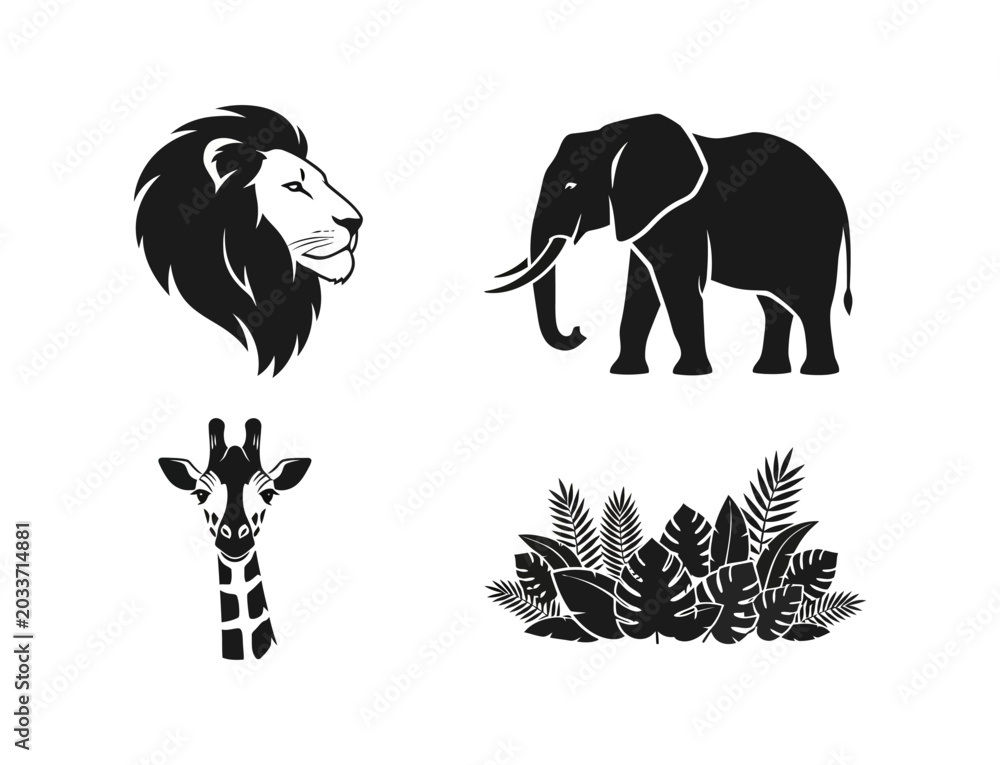 Fototapeta premium Stylized vector collection featuring majestic safari animals like lion, elephant, giraffe, and lush tropical foliage illustrations for diverse design projects