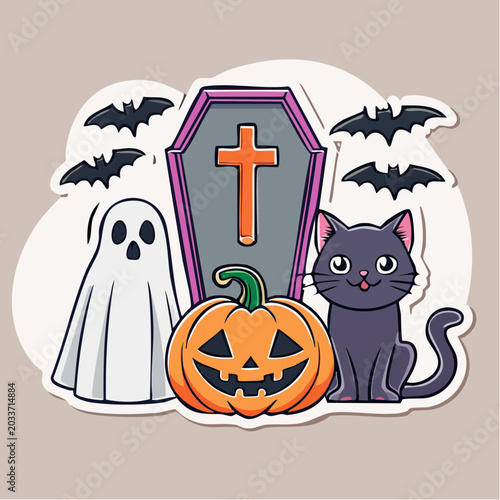 Cute Halloween Characters: Ghost, Cat, Pumpkin, Coffin, and Bats