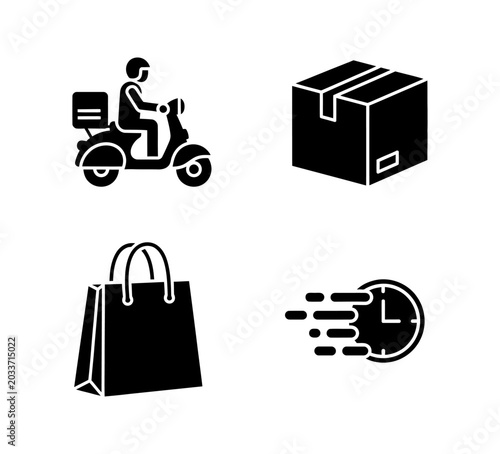 Fotografi Comprehensive set of black glyph icons depicting online shopping, speedy parcel
