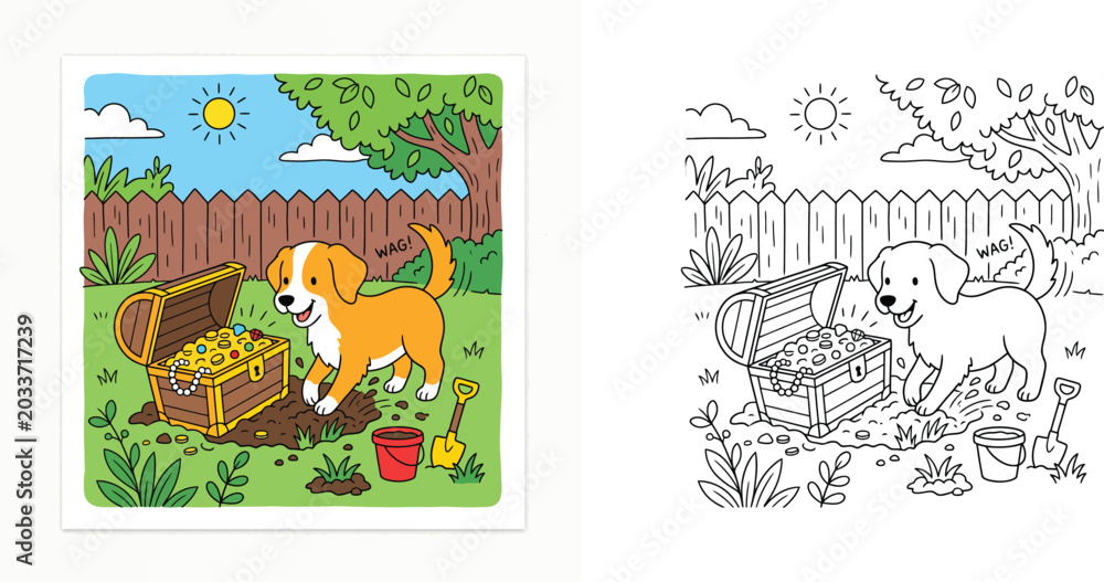 Fototapeta premium Cute dog digging up a treasure chest in the backyard, colored vector illustration and black and white line art coloring page for kids