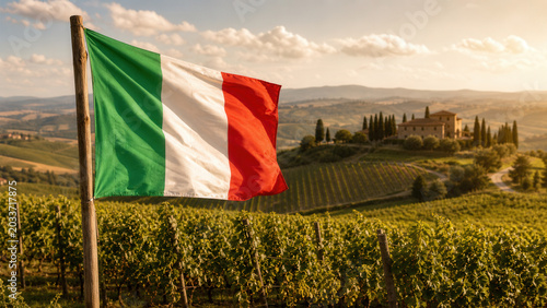 Italian Flag In Tuscan Vineyard Landscape At Golden Sunset