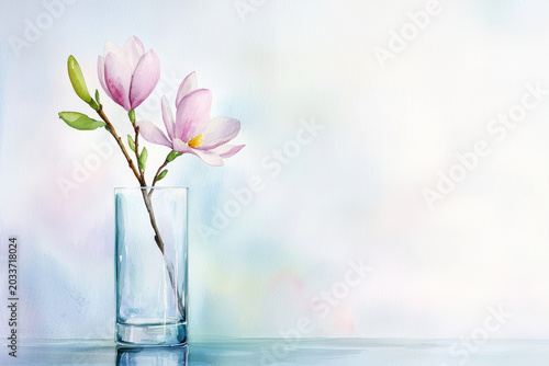 Beautiful watercolor painting of magnolia flowers clear glass vase, showcasing delicate pink petals and green leaves, evokes sense of tranquility