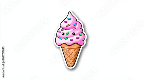 Delightful ice cream cone with pink swirl and colorful sprinkles, perfect for summer treats and celebrations