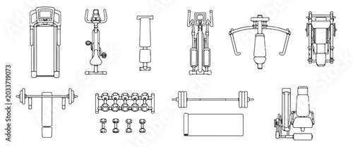 Gym equipment top view vector icons, fitness machine floor plan symbols for gym layout, black and white overhead workout station set