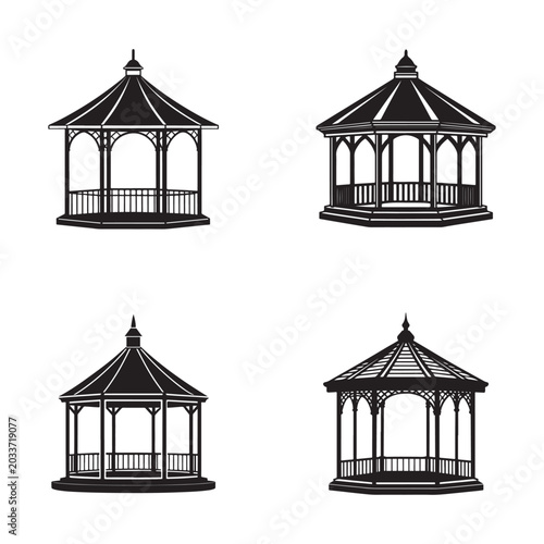 Set of four different gazebo designs in black on white background