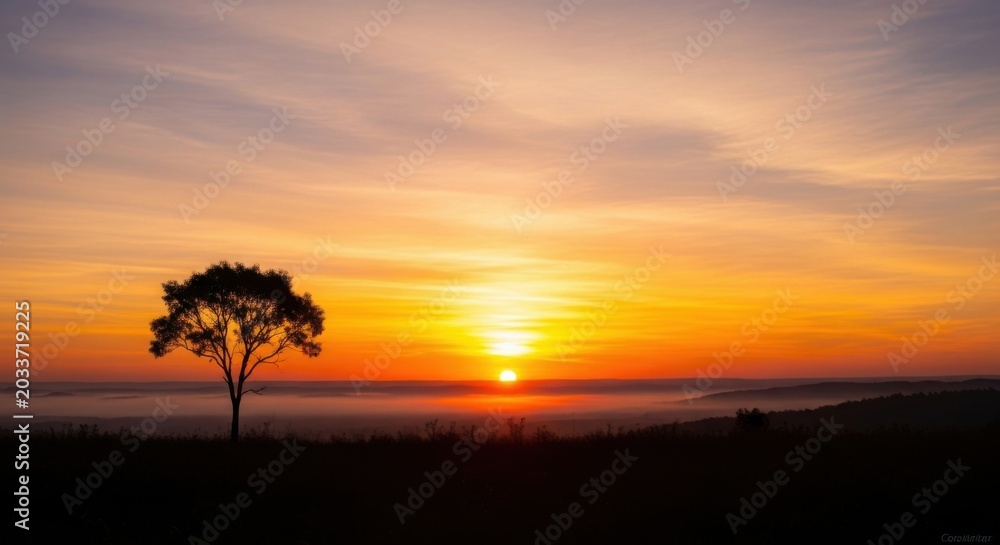 Fototapeta premium Serene Landscape with Tree at Sunset.