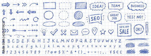 Obraz na plátně Set of hand-drawn doodle business elements, including arrows, speech bubbles, alphabet, numbers, and icons, sketched on a blue grid paper background