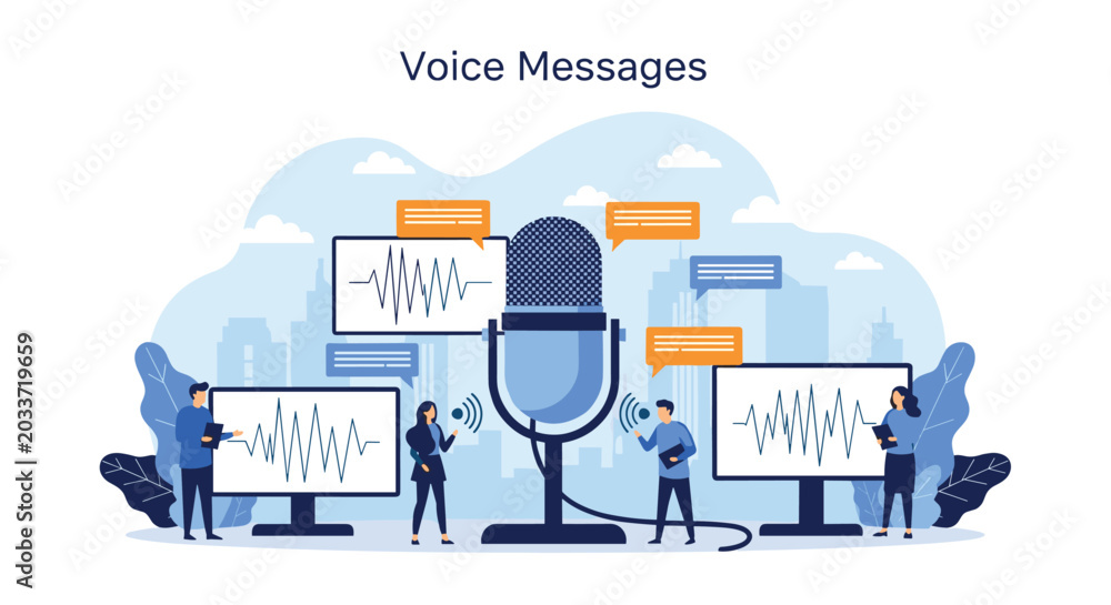 Naklejka premium Voice messages technology concept features tiny people with microphone and audio waveforms on city background.