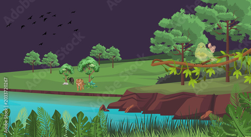 A vibrant flat-style vector illustration depicting a lush jungle landscape at twilight