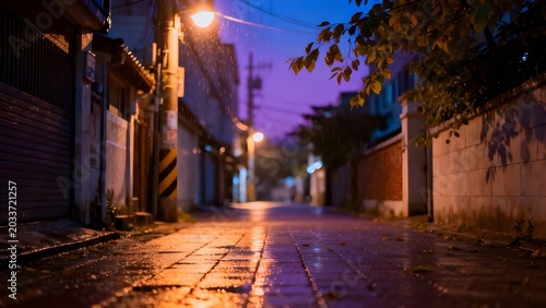 Rainy Night Street with Warm Reflections and Moody City Lights