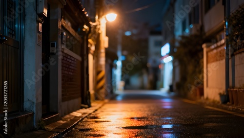 Rainy Night Street with Warm Reflections and Moody City Lights