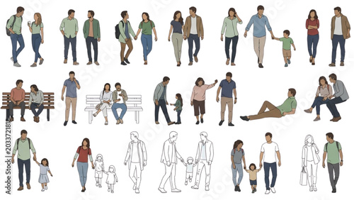 Various people in different poses and outfits in 2D CAD Vector illustrations
