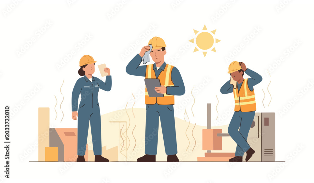 Εκτύπωση καμβά Construction workers suffering from heat stroke and hot climate at industrial fa