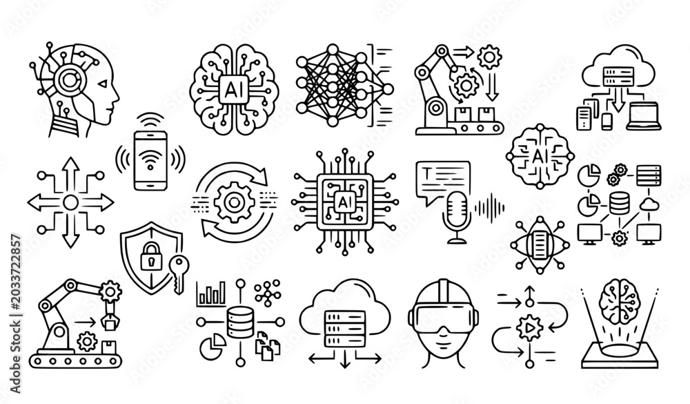 Obraz premium Black and white artificial intelligence icon set with robots neural network and future technology symbols