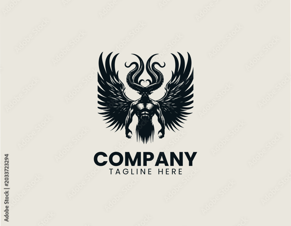 Fototapeta premium Winged horned demon silhouette black vector illustration