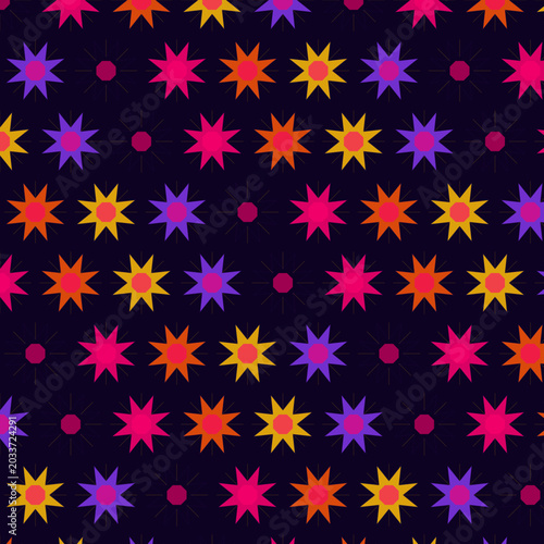Colorful Star Pattern Design, Abstract Graphic Illustration, Digital Art, Dark Background, Repetitive Geometric Shapes, Creativity and Vibrancy Concept