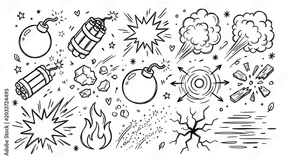 Obraz premium Various hand-drawn explosion elements, including bombs, dynamite, smoke clouds, and shattered debris, rendered in a dynamic doodle style on a white background