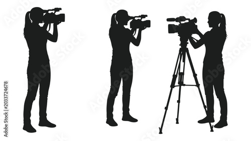 Silhouette of female videographers operating cameras black vector illustration on white background