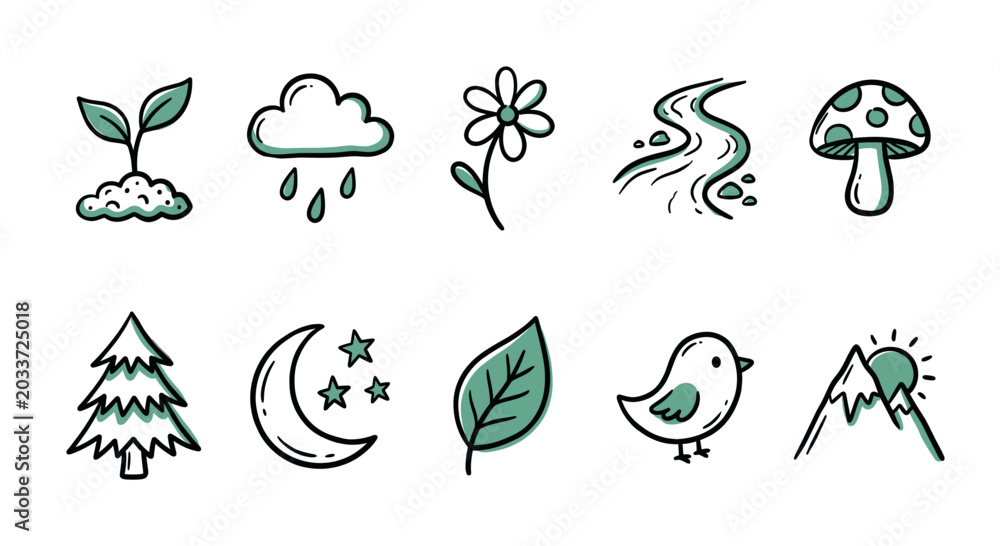 Obraz premium Collection of ten simple nature-themed doodle icons with green accents, including plants, weather, and wildlife, on a clean white background