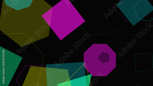 Vibrant geometric shapes in yellow magenta and cyan creating a dynamic abstract composition.