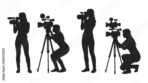 Schilderij op canvas Camera operator silhouettes depicting various shooting positions black on white