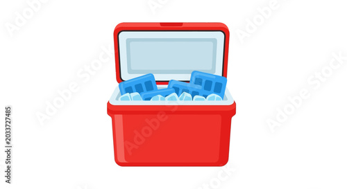 Open red cooler box filled with blue ice packs.