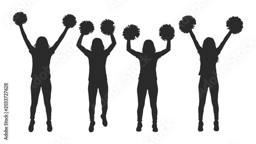 Foto Silhouette of four cheerleaders raising pom poms black shapes on a white backgro