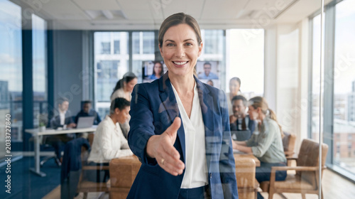Confident businesswoman extending hand for a handshake in modern corporate office with diverse team in background.