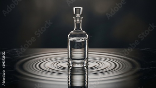 Elegant glass decanter bottle standing on dark marble surface with perfect concentric water ripples