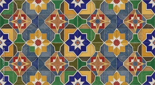 Intricate Moroccan Mosaic Tile Pattern with Geometric Star Designs.